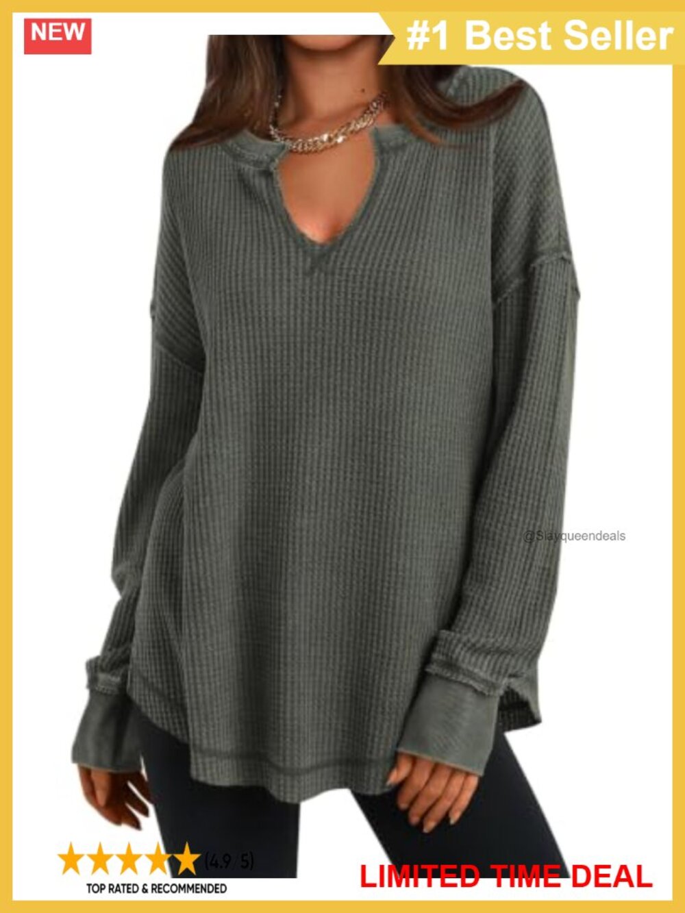 Waffle Knit Long Sleeve Tunic Top Loose Fit V Neck Casual Shirt